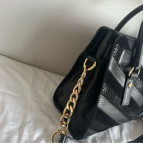MICHAEL KORS Chevron Stripe Snakeskin Hamilton Satchel Tote Jet Set Raven Fulton - Picture 8 of 11